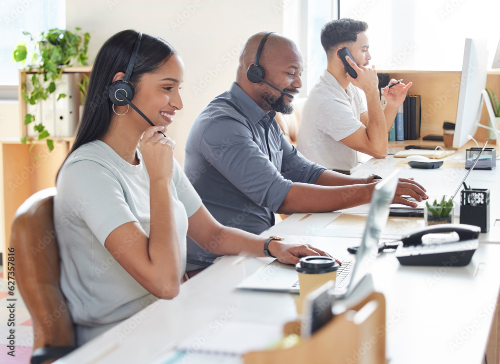 Poster call center, customer service or support with consultant people at work in an office for assistance.