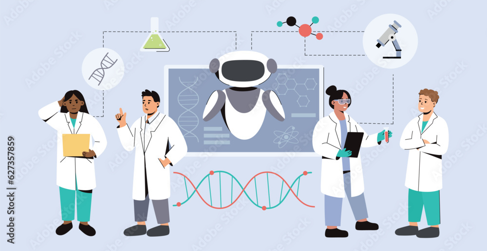 Poster flat team of scientists using ai in medicine. artificial intelligence in medical science research. f