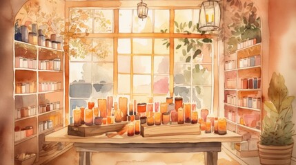 Candle store with warm and inviting earthy tones. Generative AI.