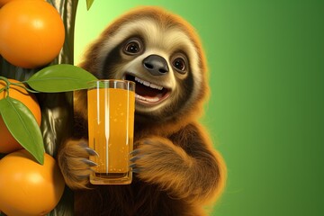 Happy Sloth Drinking a Fruit Orange Juice in the Jungle