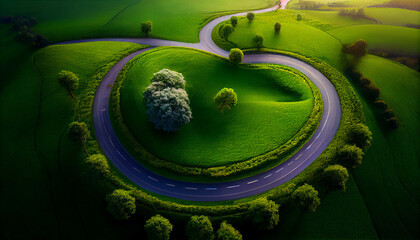 Winding road amidst a lush green field as seen from above, Ai generated image