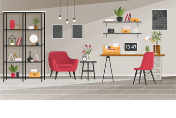 Home office interior. Vector illustration. Modern workplace cabinet room Office workplace scene Office workplace interior design banner Home office concept Empty working place with furniture