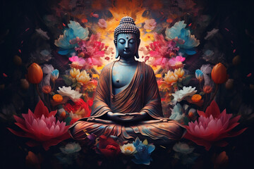 buddha in yoga with colorful mandala painting on the black background - obrazy, fototapety, plakaty