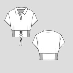 Women corset lace up top smoking waist collar placket  button panel  t shirt blouse fashion Flat sketch technical drawing template design vector