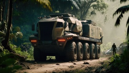 Fototapeta premium Military training on the battlefield with armored vehicles drives on forest road. Army war concept.