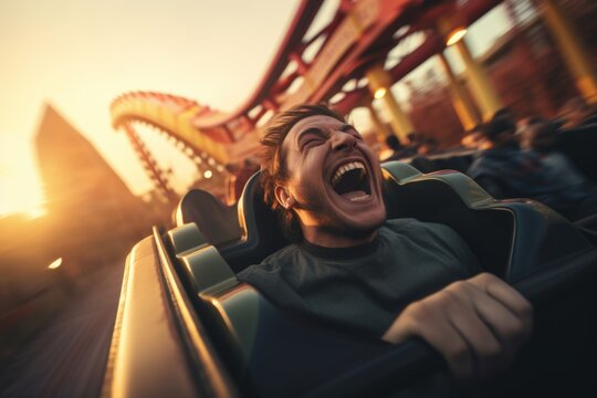 Stunned enthusiastic happy funny shocked amazed wonder screaming yelling male guy open mouth wide scream shout yell joyful young man riding rollercoaster amusement park amazing attraction fun holiday