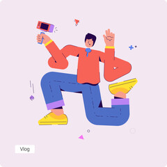 Set of conceptual vector business illustrations of a blogging. Trendy flat vector illustration of the man with selfie stick records vlog - 627359003
