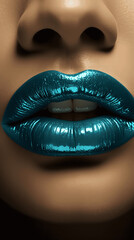 Teal Colored Lips Close-Up, Unique Style in Beauty Focus