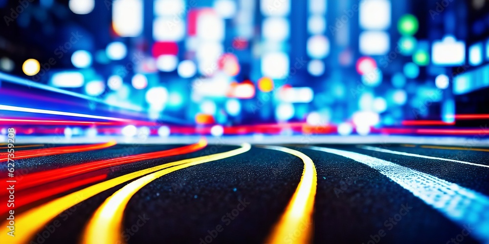 Poster city street with binary code numbers on motion blurred asphalt road, speed and faster digital matrix