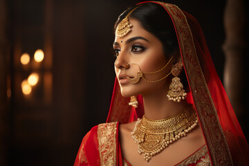 A young female of Indian ethnicity wearing traditional bridal costumes and jewellery.