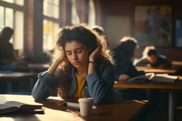 Female student bored sleepy Caucasian woman tired sad stressed girl in class teen pupil teenager lady in university high school college classroom during lesson boredom lecture education study learning