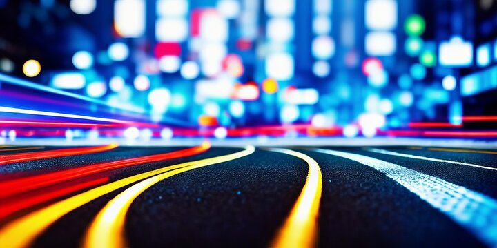 City street with binary code numbers on motion blurred asphalt road, speed and faster digital matrix technology information concept. Generative AI
