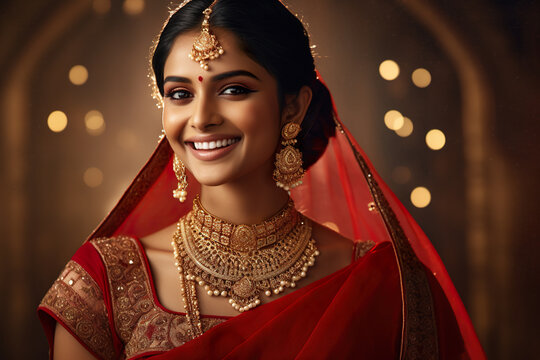A young female of Indian ethnicity wearing traditional bridal costumes and jewellery. 