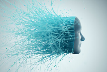 Humanoid profile with bright wires behind. Artificial intelligence and machine learning concept.