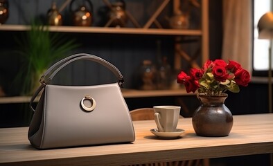 Naklejka na ściany i meble Modern elegant leather bag on coffee table