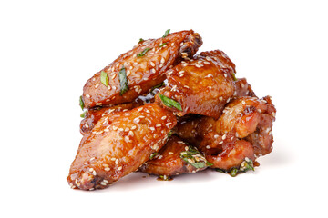 grilled chicken wings in unagi sauce on white background for restaurant menu