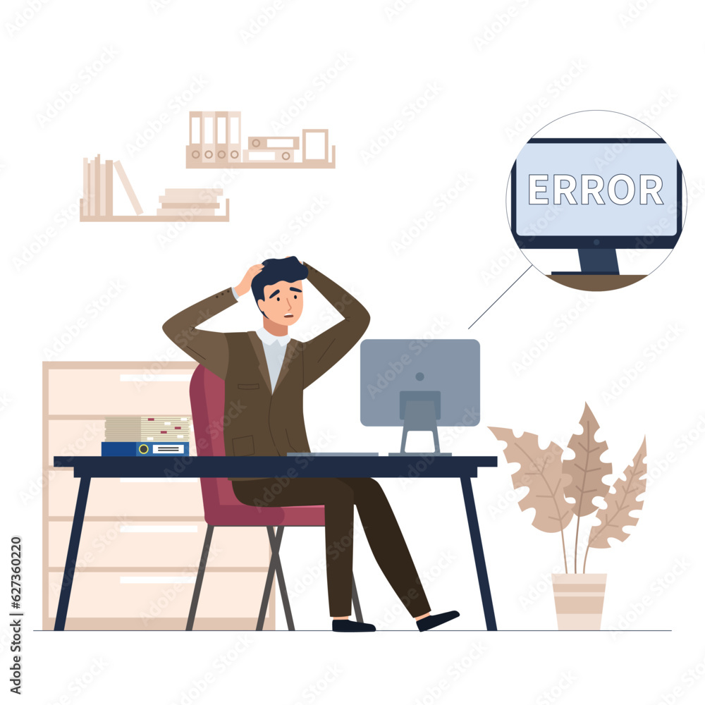 Poster lost wireless connection or disconnected cable, error, upset man sits in office near computer, cant 