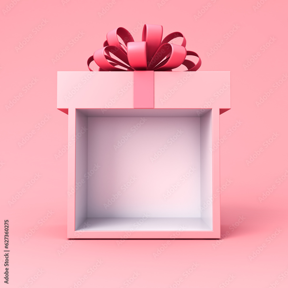 Poster Blank gift box display showcase mock up stand with pink pastel color ribbon bow isolated on pink background minimal conceptual 3D rendering