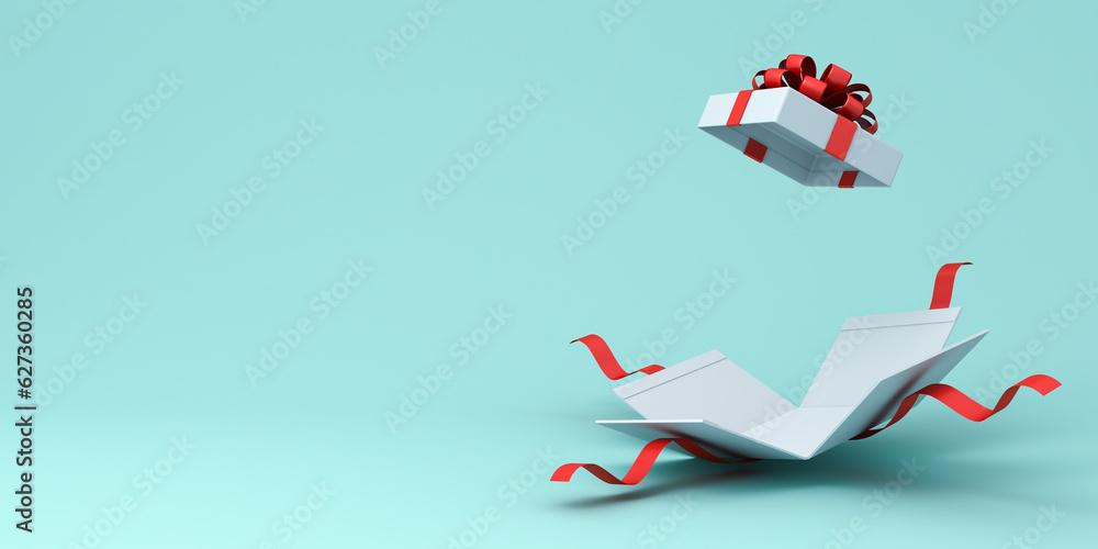 Poster open present box or blank white gift box with red ribbons and bow isolated on blue pastel color back