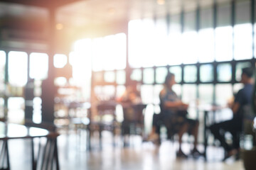 Blur or defocus white color coffee shop cafe or restaurant modern and minimal style interior with nature green tree out side. In the shop have a customer or people in side. use for background