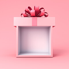 Blank gift box display showcase mock up stand with pink pastel color ribbon bow isolated on pink background minimal conceptual 3D rendering