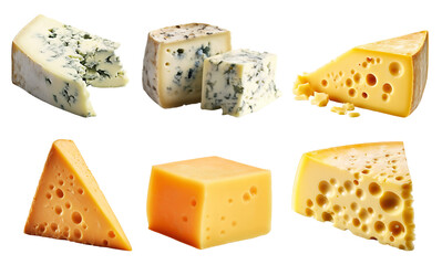 Set of different cheeses. White cheese with mold. Yellow cheese with holes. Isolated on a transparent background. KI.