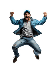 Mechanic worker jumping with joy because of salary increase on transparent background PNG. Minimum...