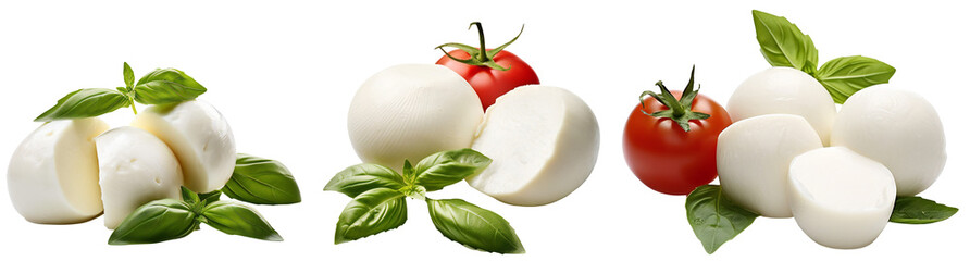 Mozzarella with red tomatoes and basil. Cheese set, mozzarella collection. Isolated on a transparent background. KI. - obrazy, fototapety, plakaty