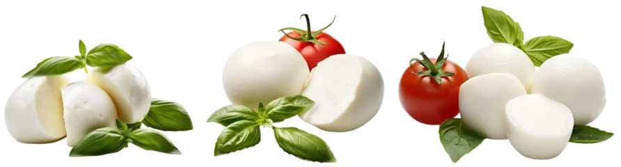 Foto op Plexiglas Mozzarella with red tomatoes and basil. Cheese set, mozzarella collection. Isolated on a transparent background. KI. © Honey Bear
