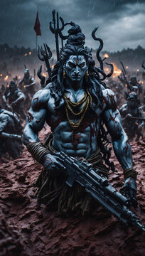 "On a battlefield soaked with blood, Lord Shiva stands tall,
A celestial machine gun in hand, divine power enthralls all."
