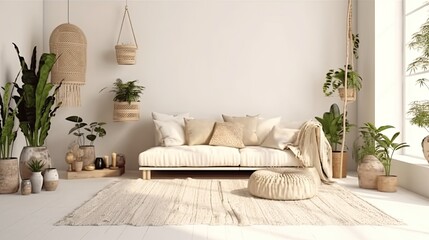 Boho composition white living room interior. Generative ai