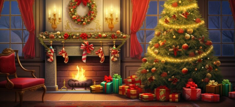 Christmas tree with garland, gifts and fireplace in cozy home. Holiday atmosphere. Banner.