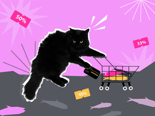 A bright banner with a black cat, bargain purchases and discounts. Collage with a cat and a shopping basket.