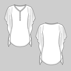 Women Henley Dolman Sleeve Drape Tunic Top Round Hem Fashion Tee Flat Sketch Technical Drawing Template Vector Design
