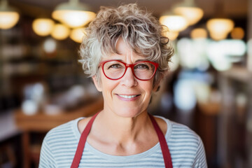 Smiling small business owner wearing an apron posing with red glasses.