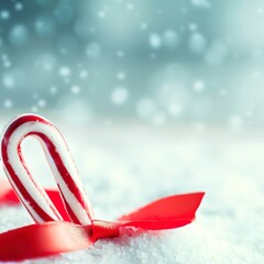 Candy Cane And Ribbon On Snowy Background. Copy Space