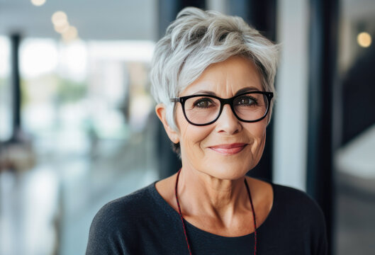 Mature woman with grey hair and glasses in a professional environment.