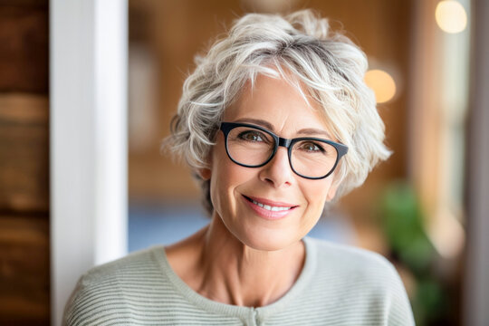 Close up portrait of a mature woman in her 50s with black glasses.