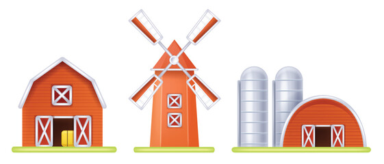 3D farm barn icon, vector mill house front view, red silo cartoon agriculture building exterior. Rural wooden stable construction, ranch village barnyard granary storage tower clipart. Farm barn door © Oleksandra