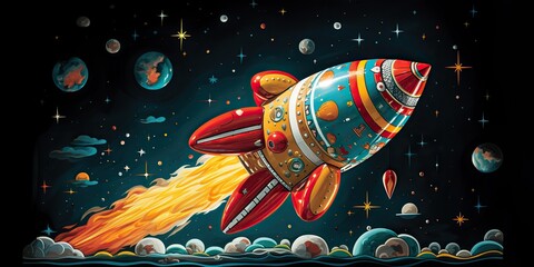 AI Generated. AI Generative. Cartoon rocket go fly up launch. Space galaxy adventure travel. Graphic Art