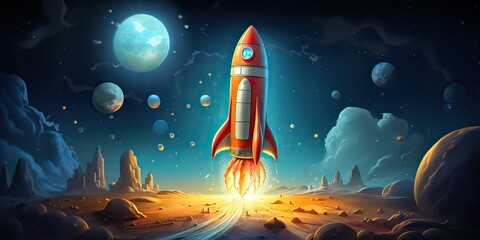 Fototapeta premium AI Generated. AI Generative. Cartoon rocket go fly up launch. Space galaxy adventure travel. Graphic Art