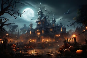 Halloween poster  with pumpkins and lit lanterns, in the style of dark and gritty cityscapes, 19th century, fantastical street ,AI illustration, digital, virtual, generative