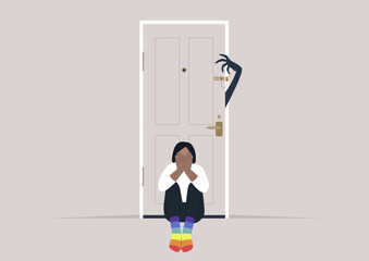 Homophobia, a young character in rainbow socks scared of a monster hand trying to open the door