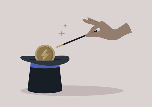 A hand doing a trick with a magic wand, a cylinder hat, and a disappearing coin