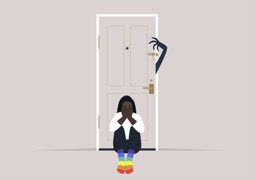 Homophobia, a young character in rainbow socks scared of a monster hand trying to open the door