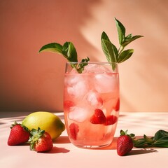 Illustration of a refreshing summer drink with strawberries and lemons served over ice created with Generative AI technology