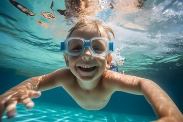 Happy kid swimming underwater and having fun. Happy childhood and summer vacation