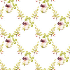 hand drawn seamless watercolor pattern with barberry sprigs and mushrooms