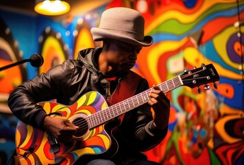 Obraz na płótnie Canvas a musician with a guitar plays at an external event, generative artificial intelligence