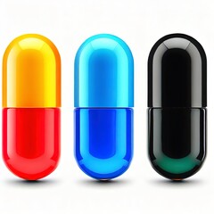 Three capsule color Red Yellow Blue Green Orange and Balck isolated on white background